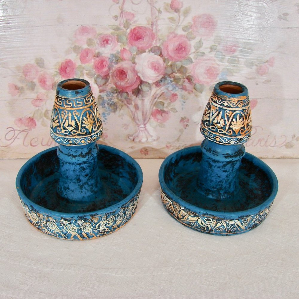 Vintage PAIR Hand-made Hand-painted Greek Clay Pottery candleholders